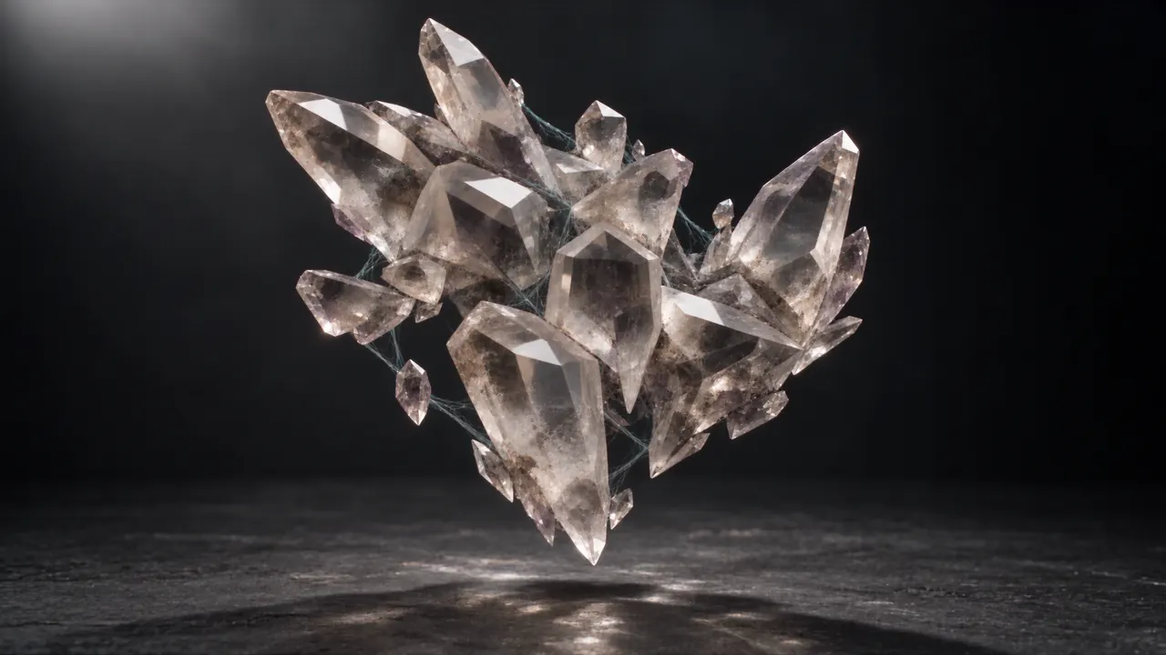 Verse: a cluster of smoky quartz crystals with violet cores and a web of cyan light, floating over a dark floor